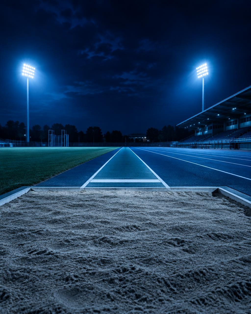 Long jumper in full extension under stadium floodlights